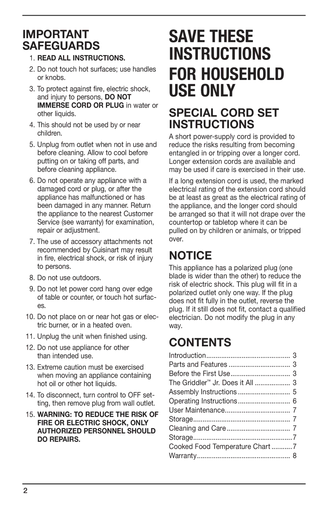 Cuisinart GR-3 manual Save These Instructions for Household USE only, Contents 