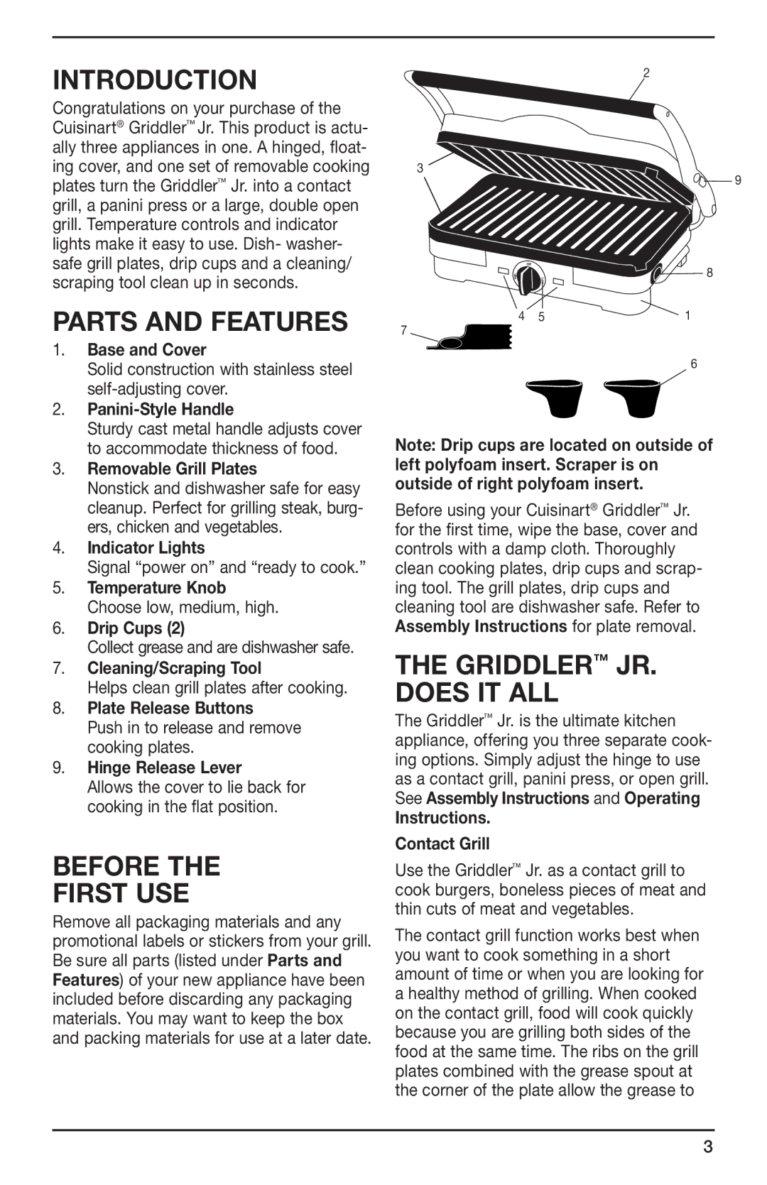 Cuisinart GR-3 manual Introduction, Parts and Features, Before the first use, Griddler JR. does it all 