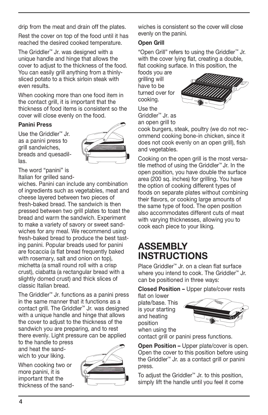 Cuisinart GR-3 Assembly instructions, Panini Press, Open Grill, Closed Position Upper plate/cover rests flat on lower 