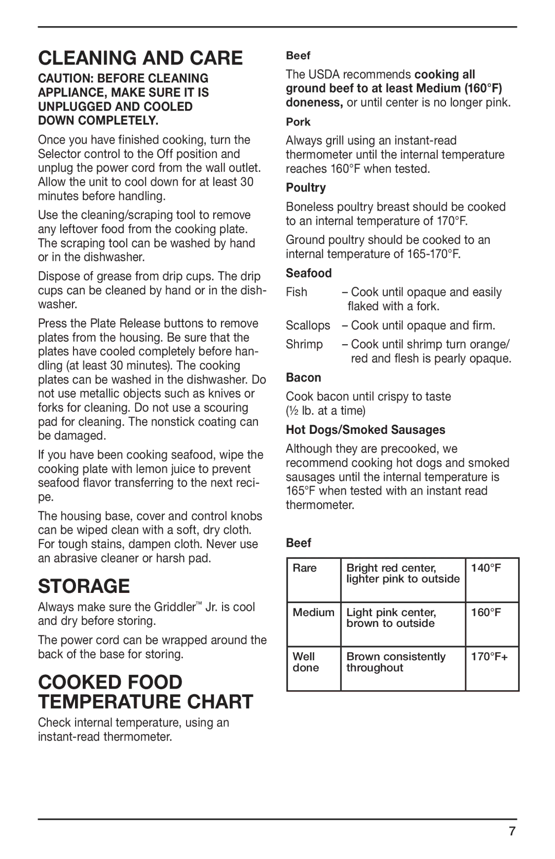 Cuisinart GR-3 manual Cleaning and Care, Storage 