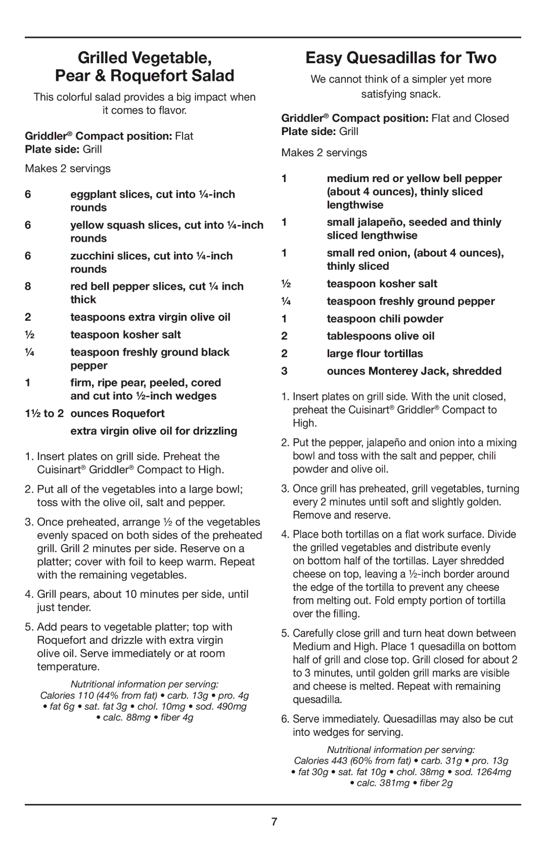 Cuisinart GR-35 manual Grilled Vegetable Pear & Roquefort Salad, Easy Quesadillas for Two 