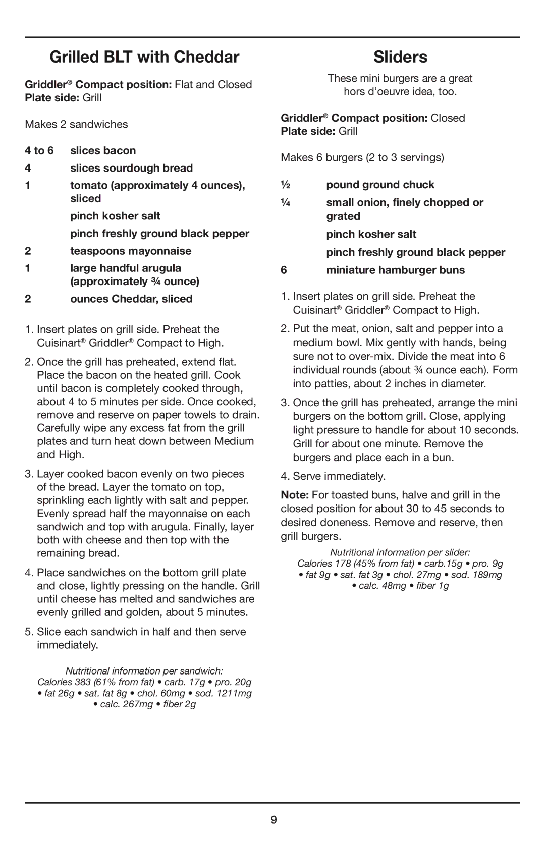 Cuisinart GR-35 manual Grilled BLT with Cheddar, Sliders, Ounces Cheddar, sliced 