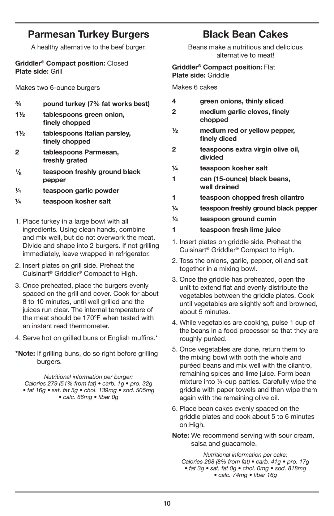 Cuisinart GR-35 manual Parmesan Turkey Burgers, Black Bean Cakes 