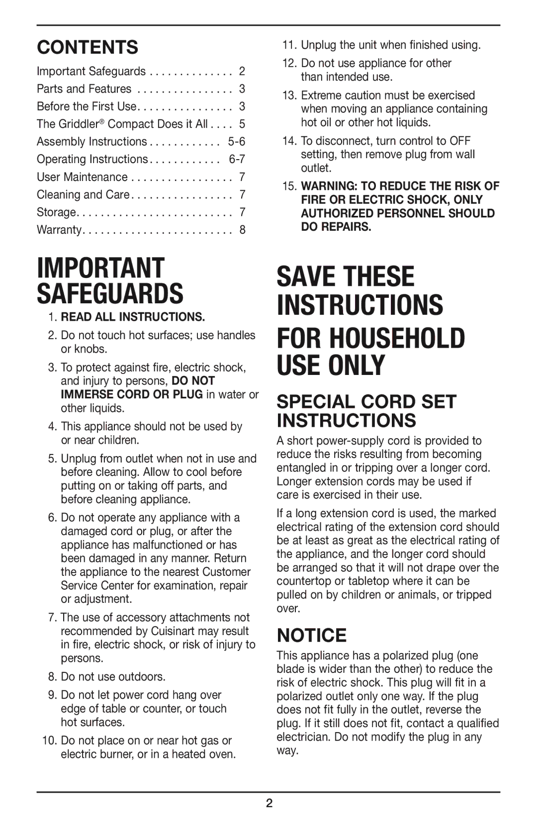 Cuisinart GR-35 manual SafeguardS, Contents 