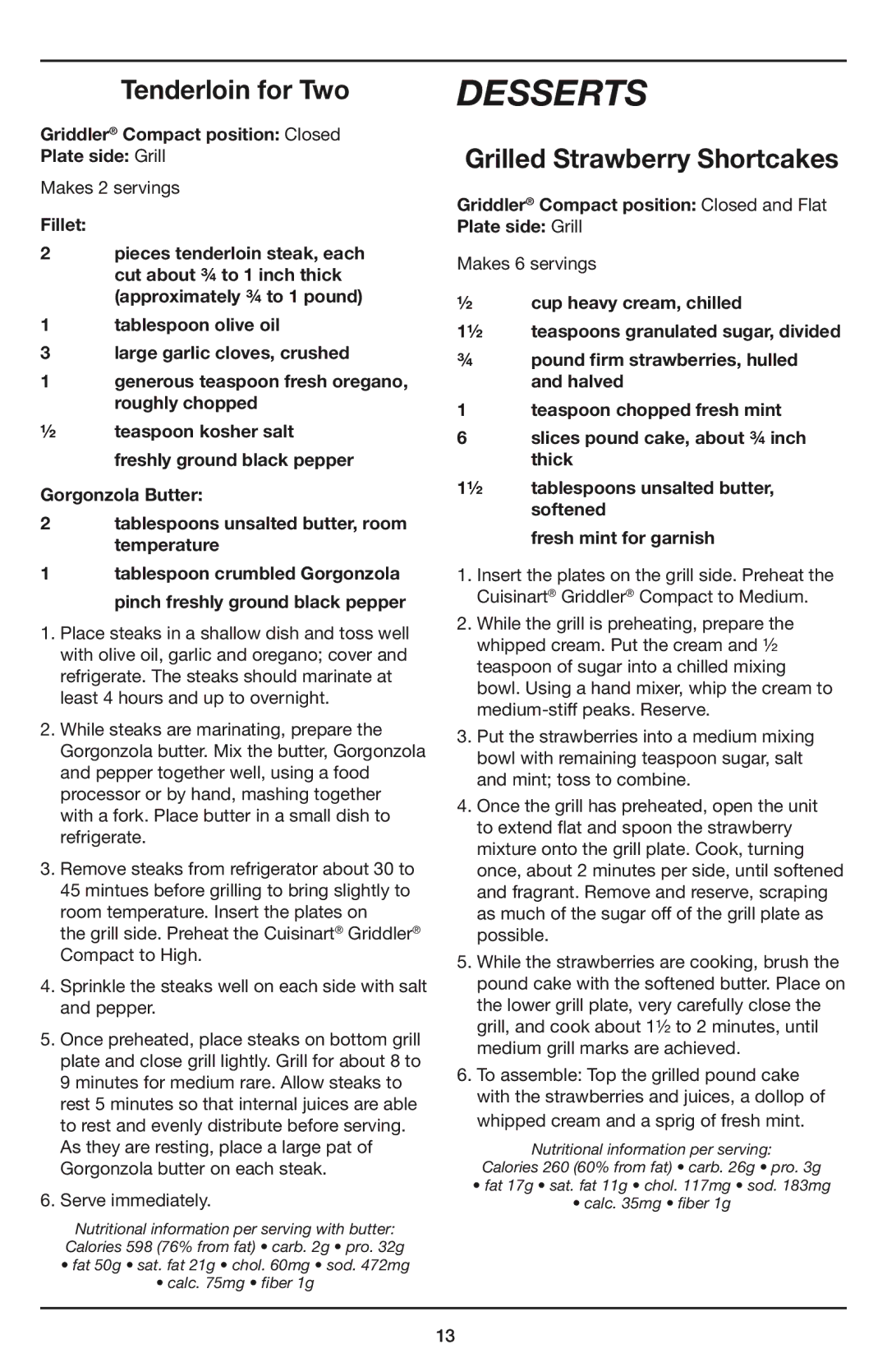 Cuisinart GR-35 manual Desserts, Tenderloin for Two, Grilled Strawberry Shortcakes, Fillet 