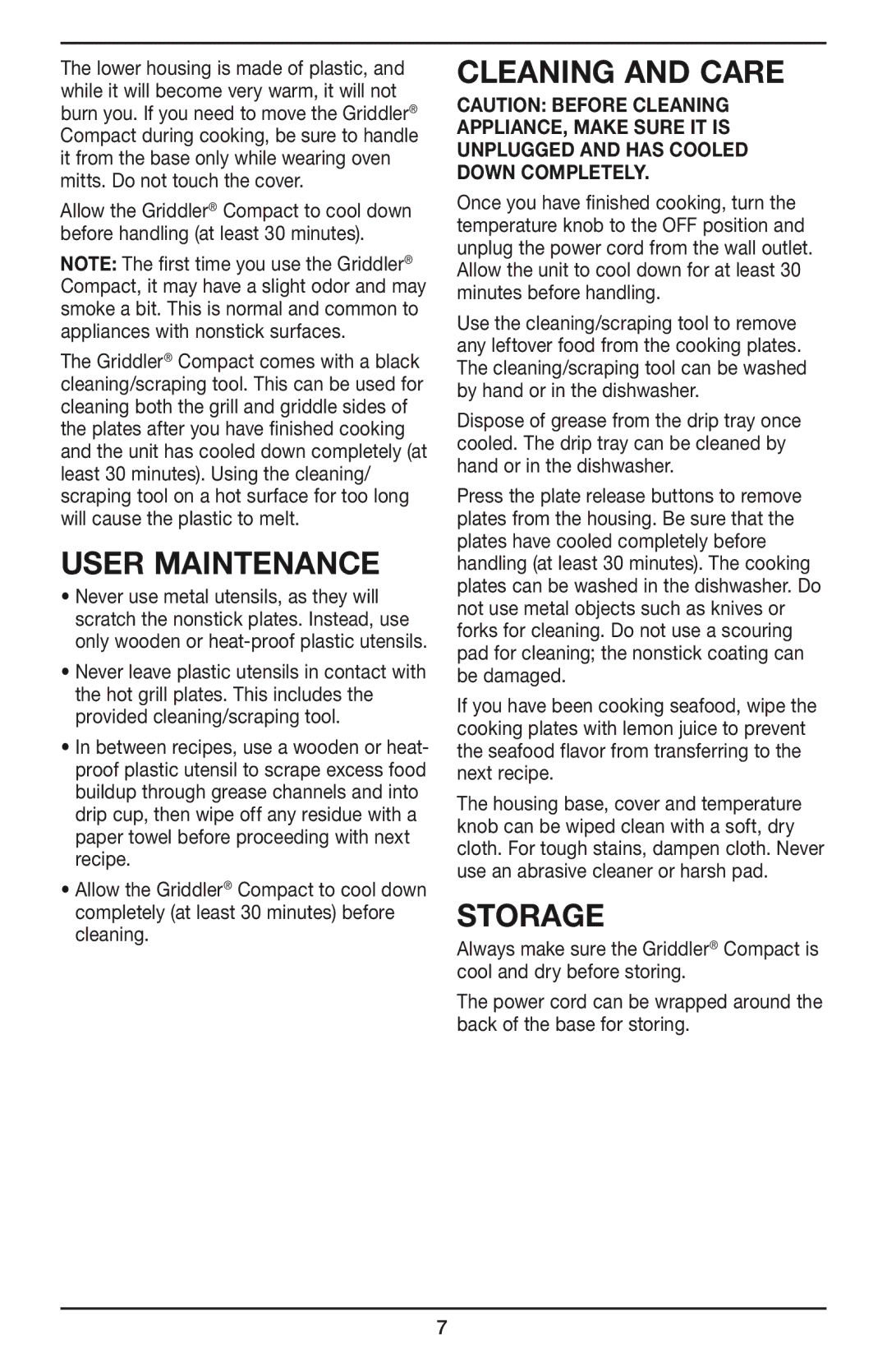 Cuisinart GR-35 manual User Maintenance, Cleaning and Care, Storage 