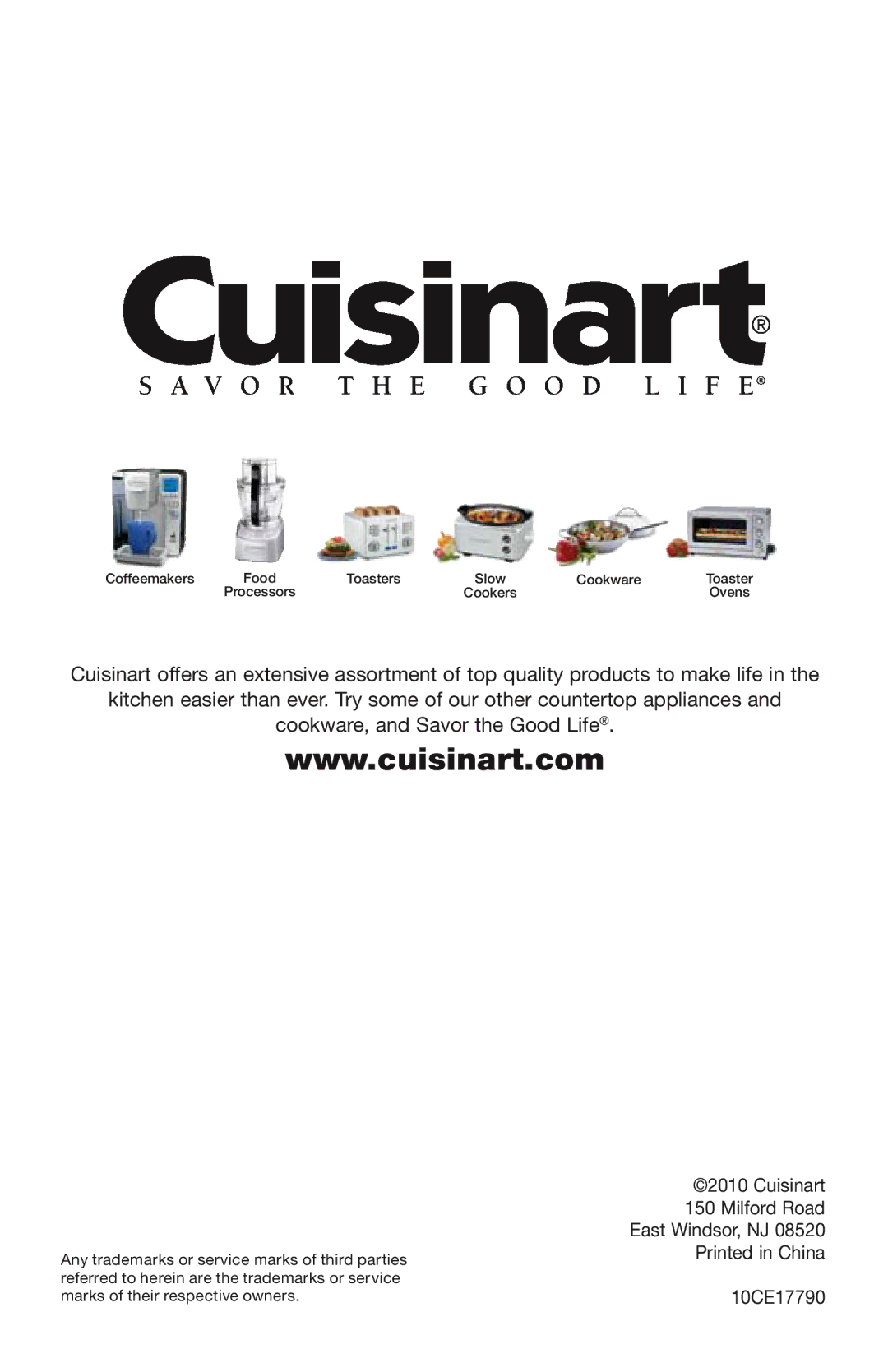 Cuisinart GR-35 manual Cuisinart Milford Road East Windsor, NJ 10CE17790 