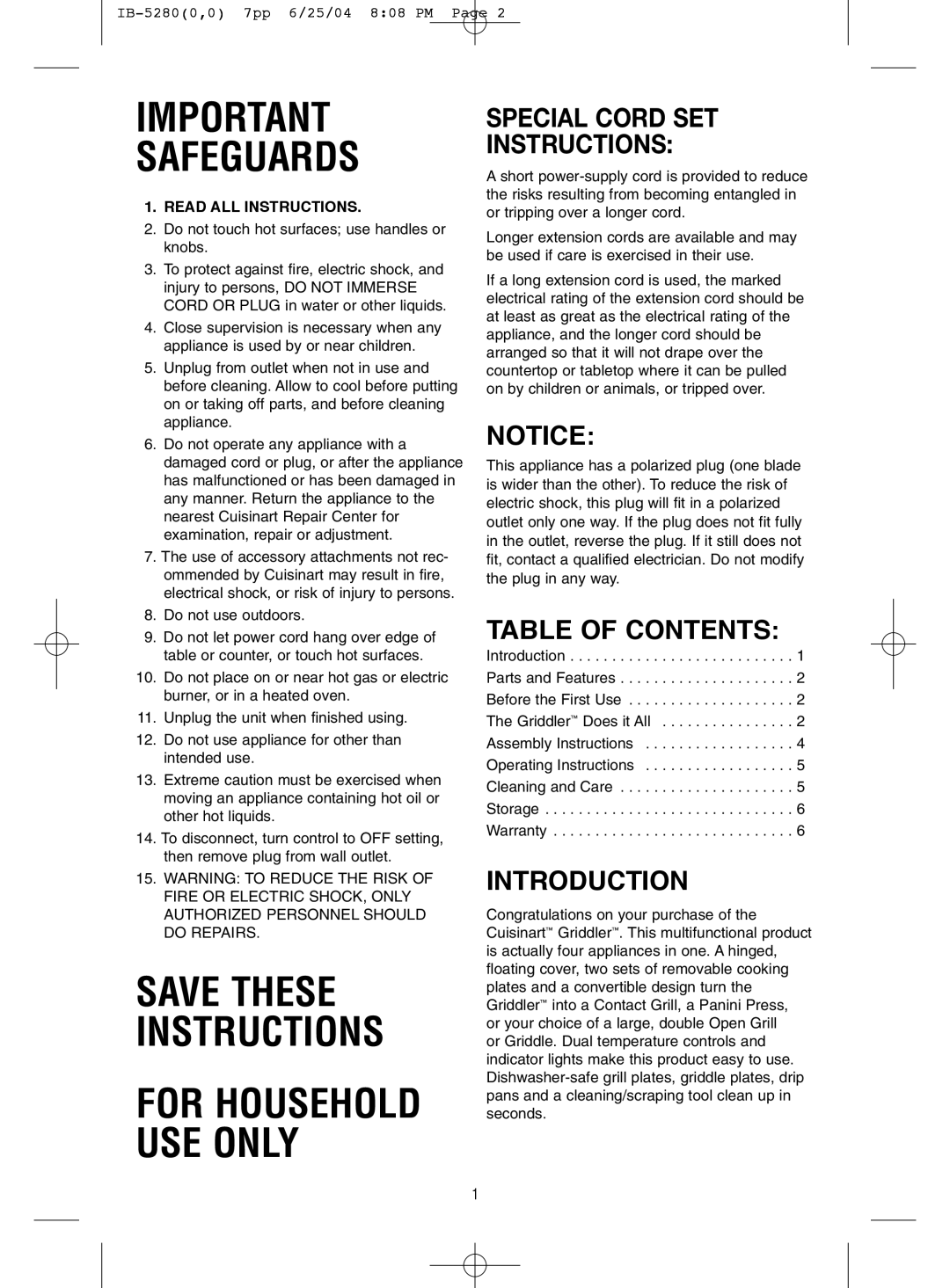 Cuisinart GR-4 manual Special Cord SET Instructions, Table of Contents, Introduction 