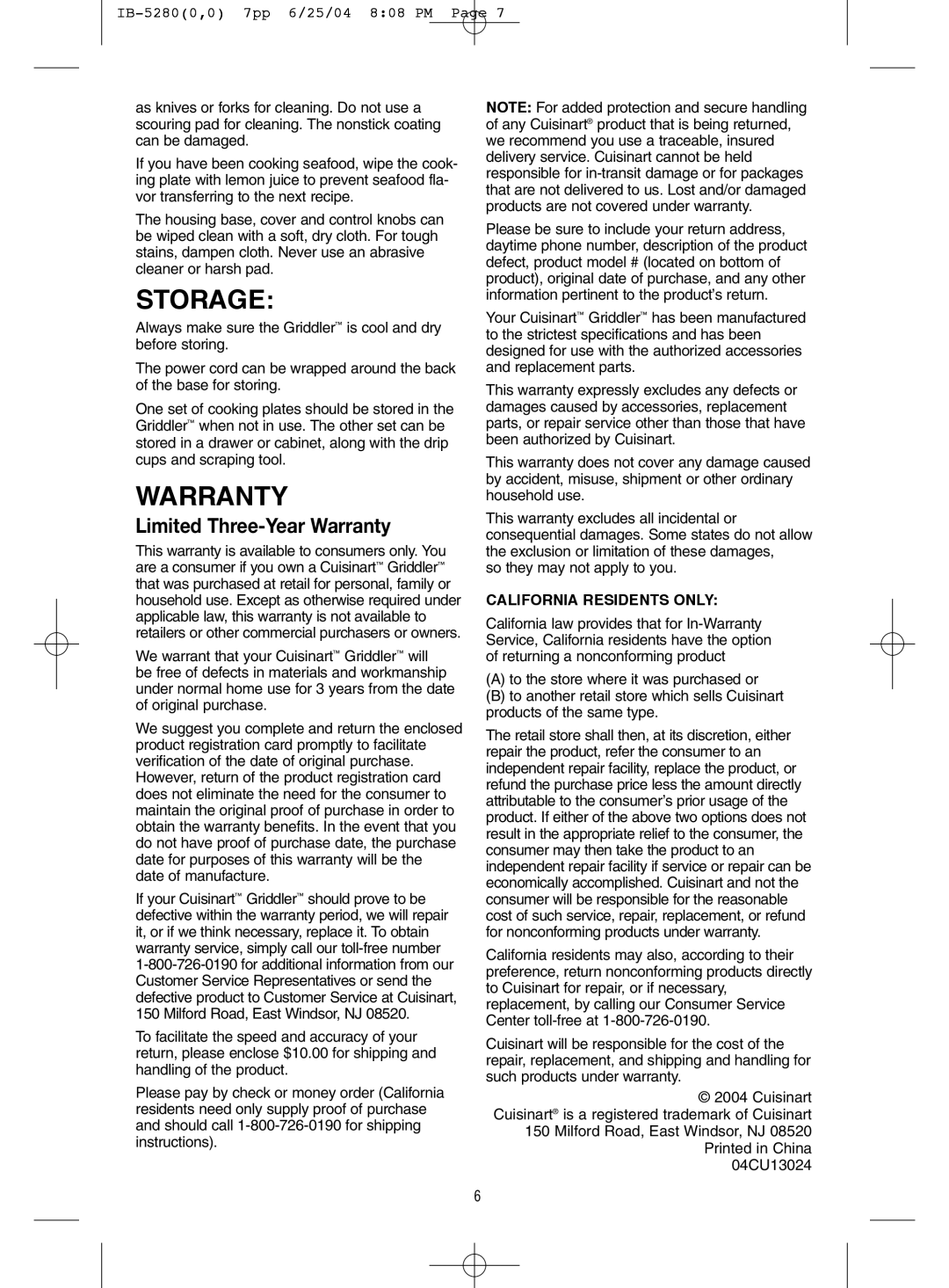 Cuisinart GR-4 manual Storage, Warranty, So they may not apply to you, California Residents only 