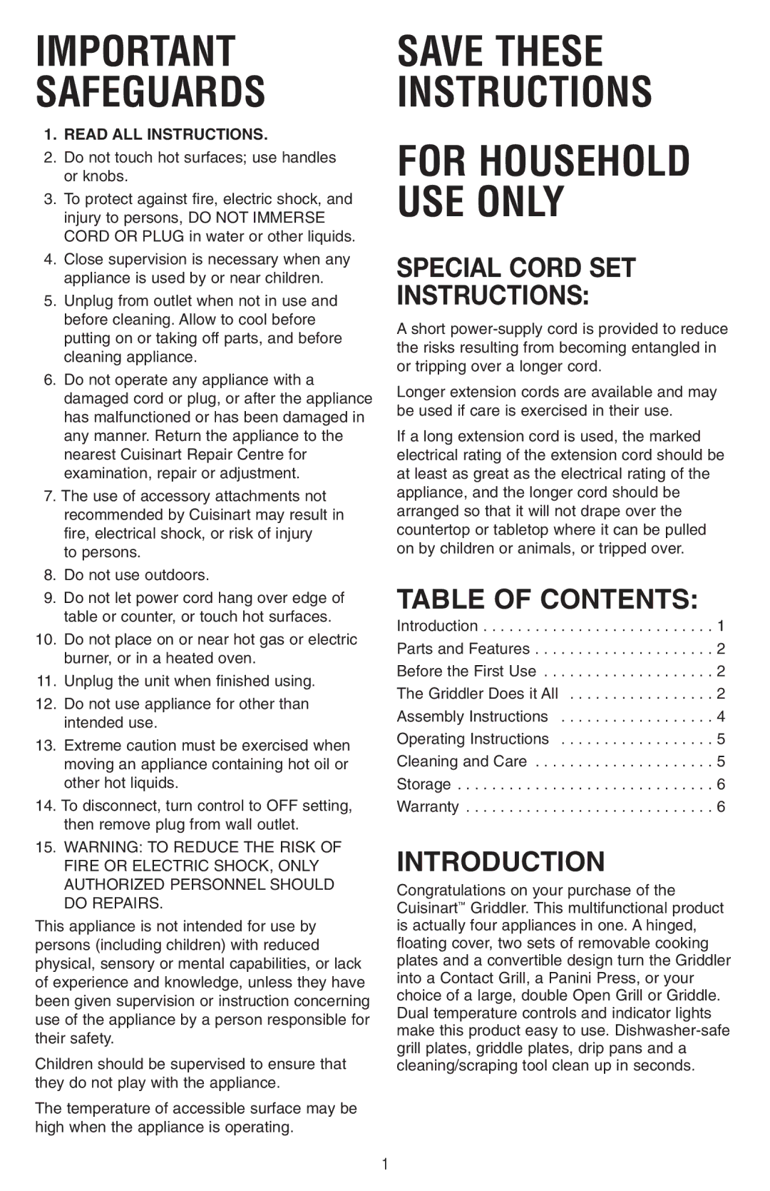 Cuisinart GR-4A manual Special Cord SET Instructions, Table of Contents, Introduction 