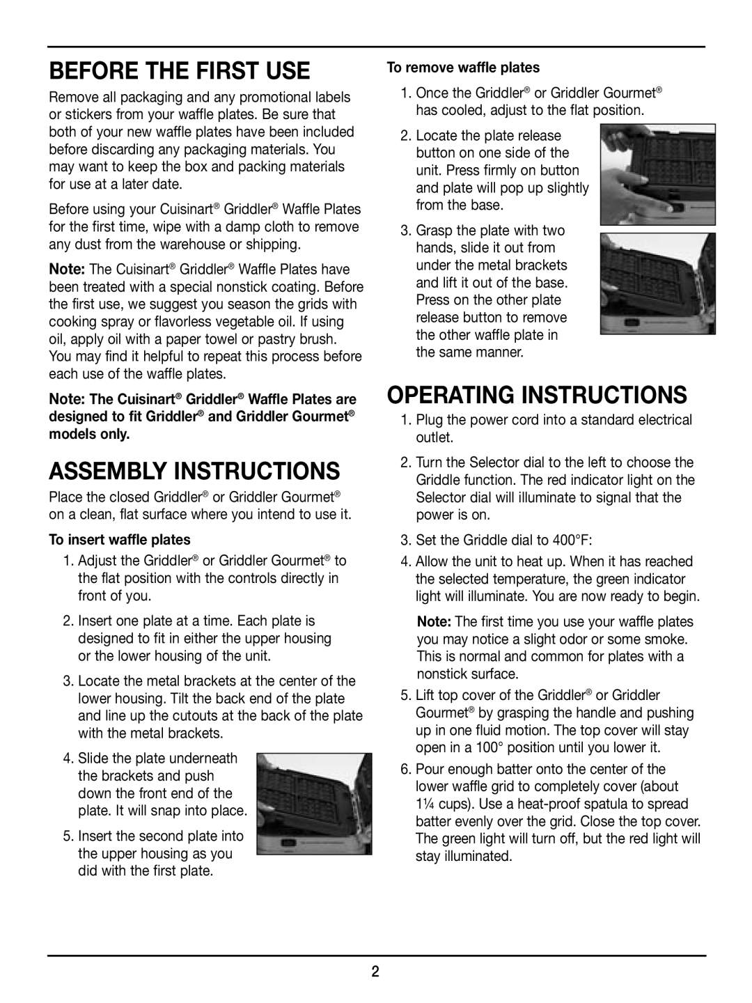 Cuisinart GR-WAFP manual To insert waffle plates, To remove waffle plates 