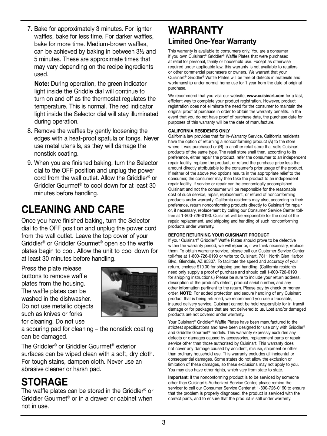 Cuisinart GR-WAFP manual Cleaning and Care 