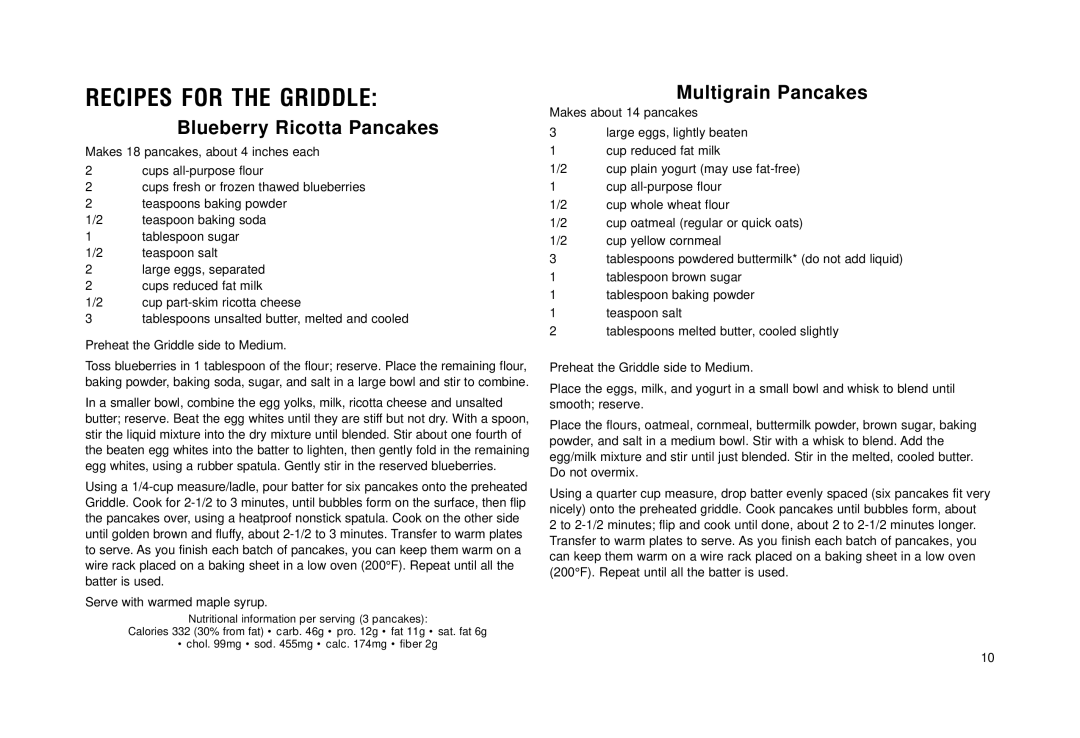 Cuisinart Grill & Griddle manual Recipes for the Griddle, Blueberry Ricotta Pancakes, Multigrain Pancakes 