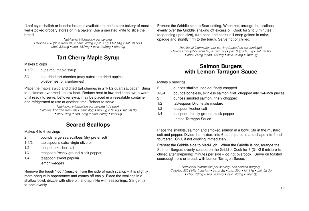 Cuisinart Grill & Griddle manual Tart Cherry Maple Syrup, Seared Scallops, Salmon Burgers With Lemon Tarragon Sauce 