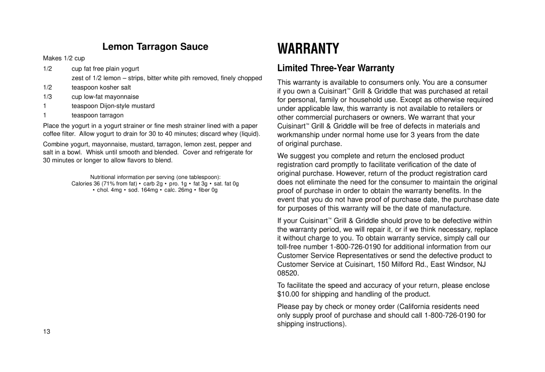 Cuisinart Grill & Griddle manual Lemon Tarragon Sauce, Limited Three-Year Warranty 
