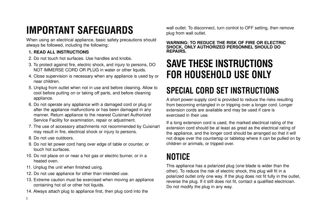 Cuisinart Grill & Griddle manual Important Safeguards 