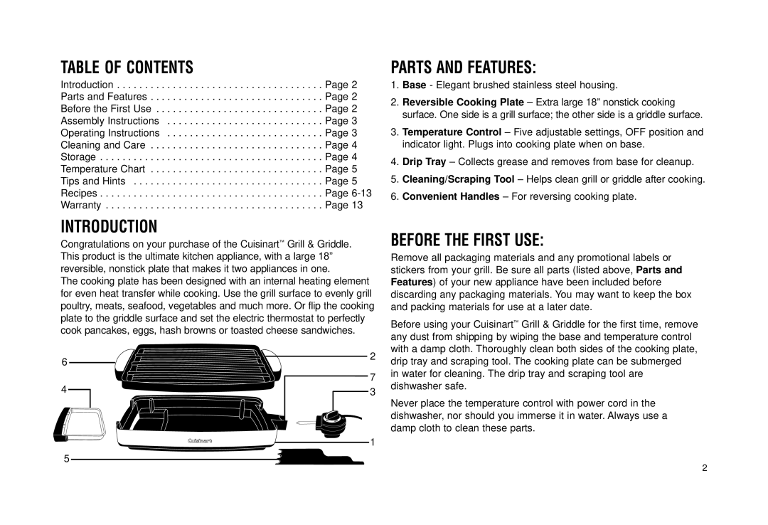 Cuisinart Grill & Griddle manual Parts and Features, Before the First USE 