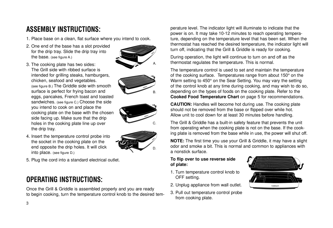 Cuisinart Grill & Griddle manual Assembly Instructions, Operating Instructions 