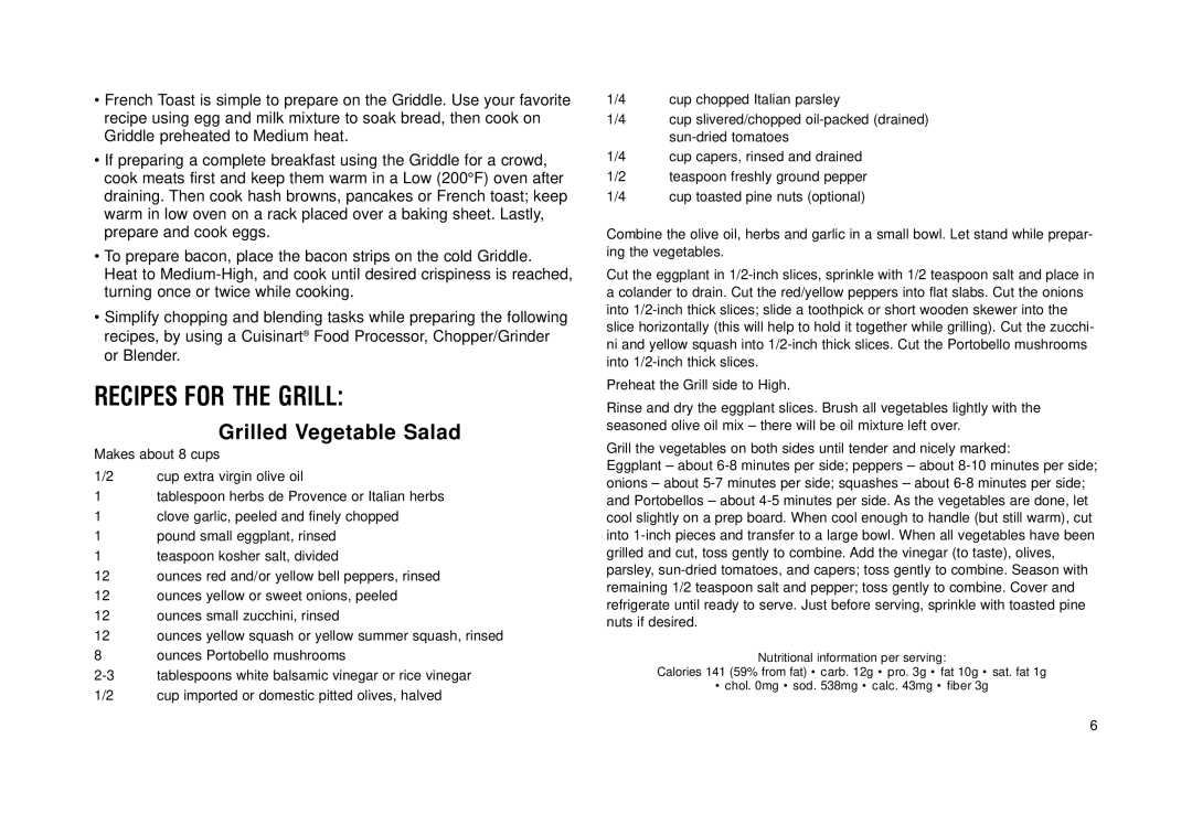 Cuisinart Grill & Griddle manual Recipes for the Grill, Grilled Vegetable Salad 