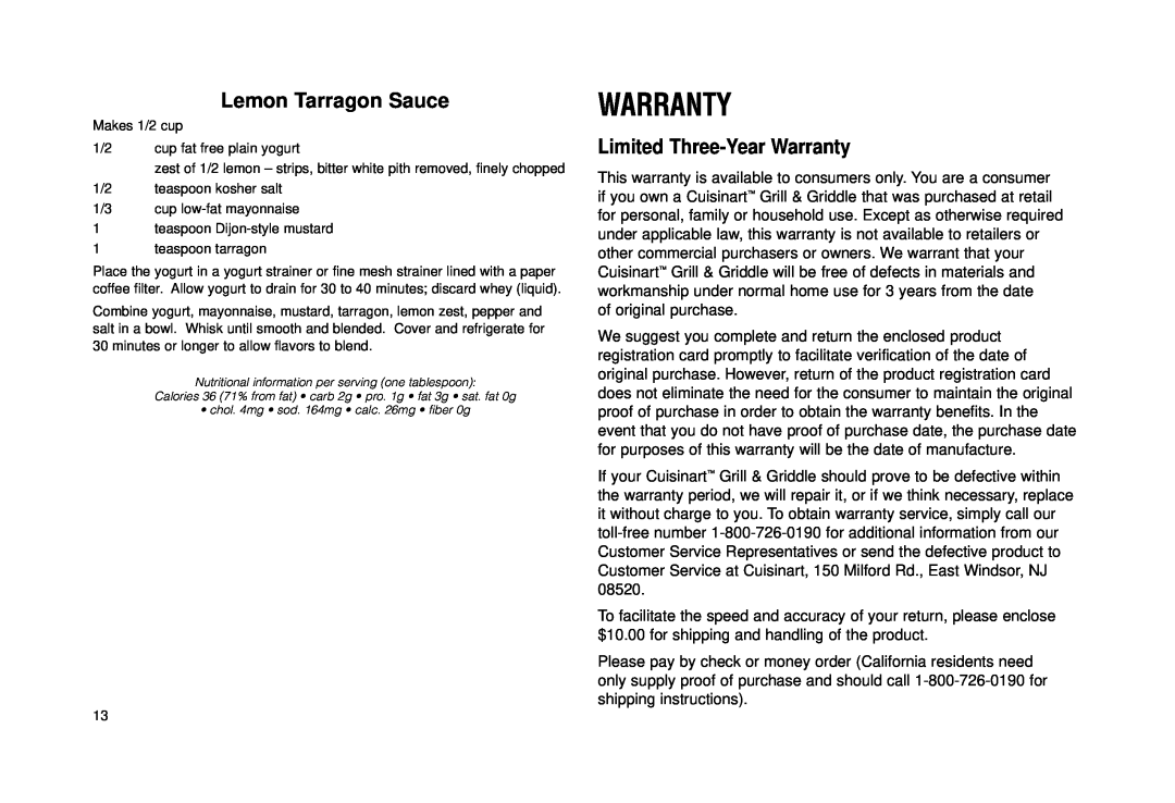 Cuisinart Grill & Griddle manual Lemon Tarragon Sauce, Limited Three-Year Warranty 