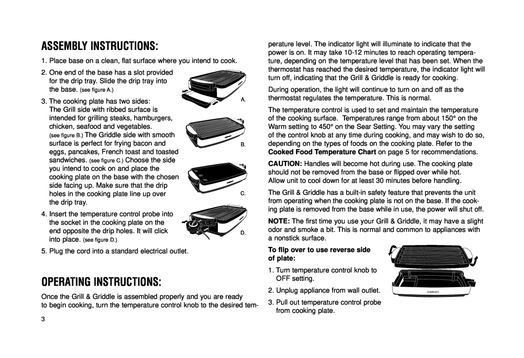 Cuisinart Grill & Griddle manual Assembly Instructions, Operating Instructions, To flip over to use reverse side of plate 