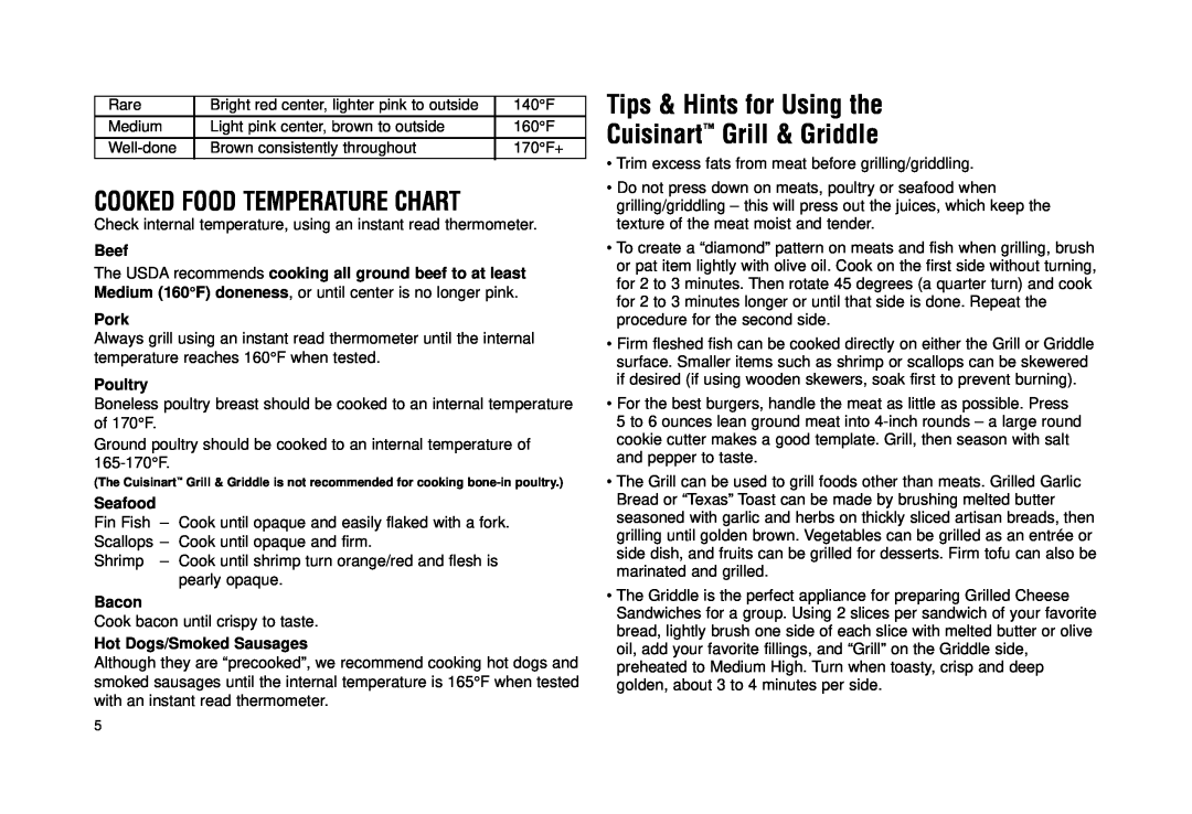 Cuisinart Cooked Food Temperature Chart, Tips & Hints for Using the Cuisinart Grill & Griddle, Pork, Poultry, Seafood 