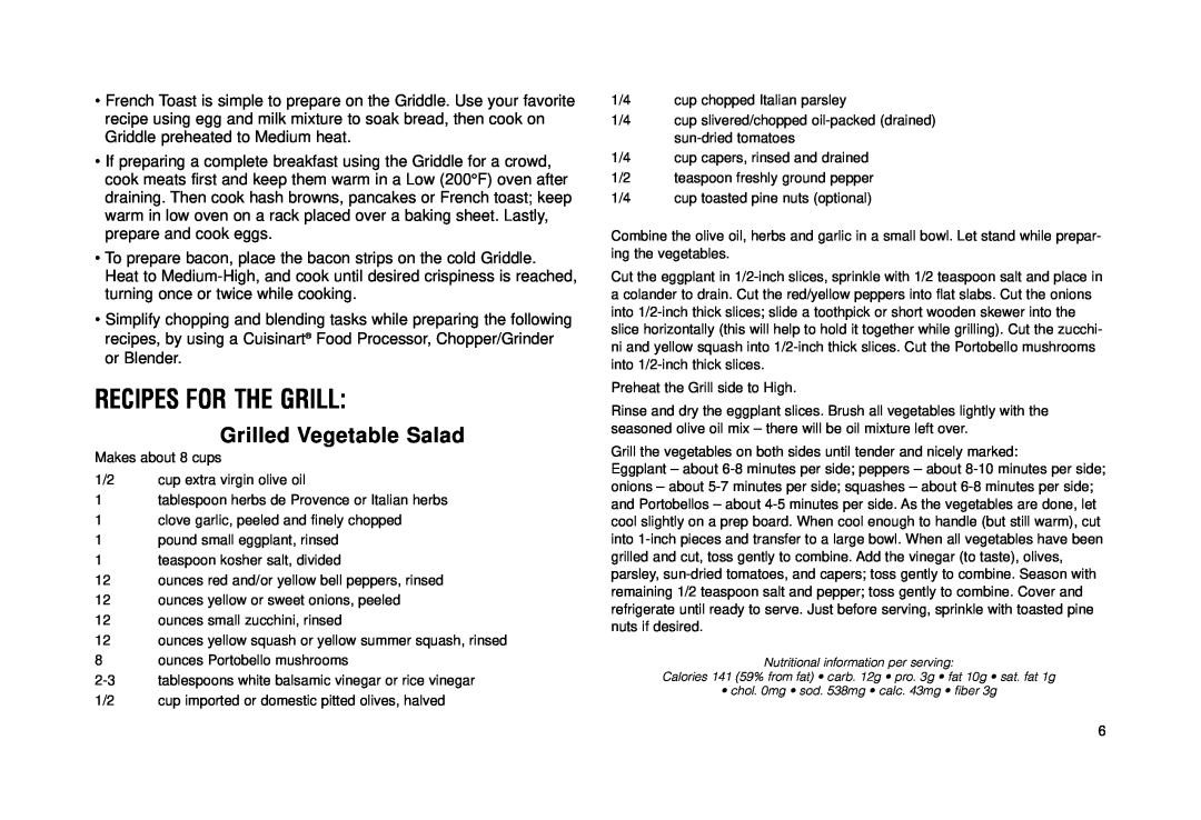 Cuisinart Grill & Griddle manual Recipes For The Grill, Grilled Vegetable Salad 