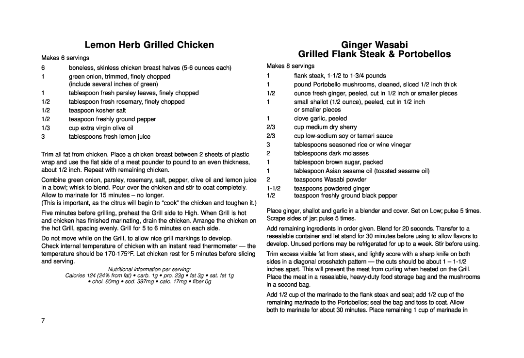 Cuisinart Grill & Griddle manual Lemon Herb Grilled Chicken, Ginger Wasabi Grilled Flank Steak & Portobellos 