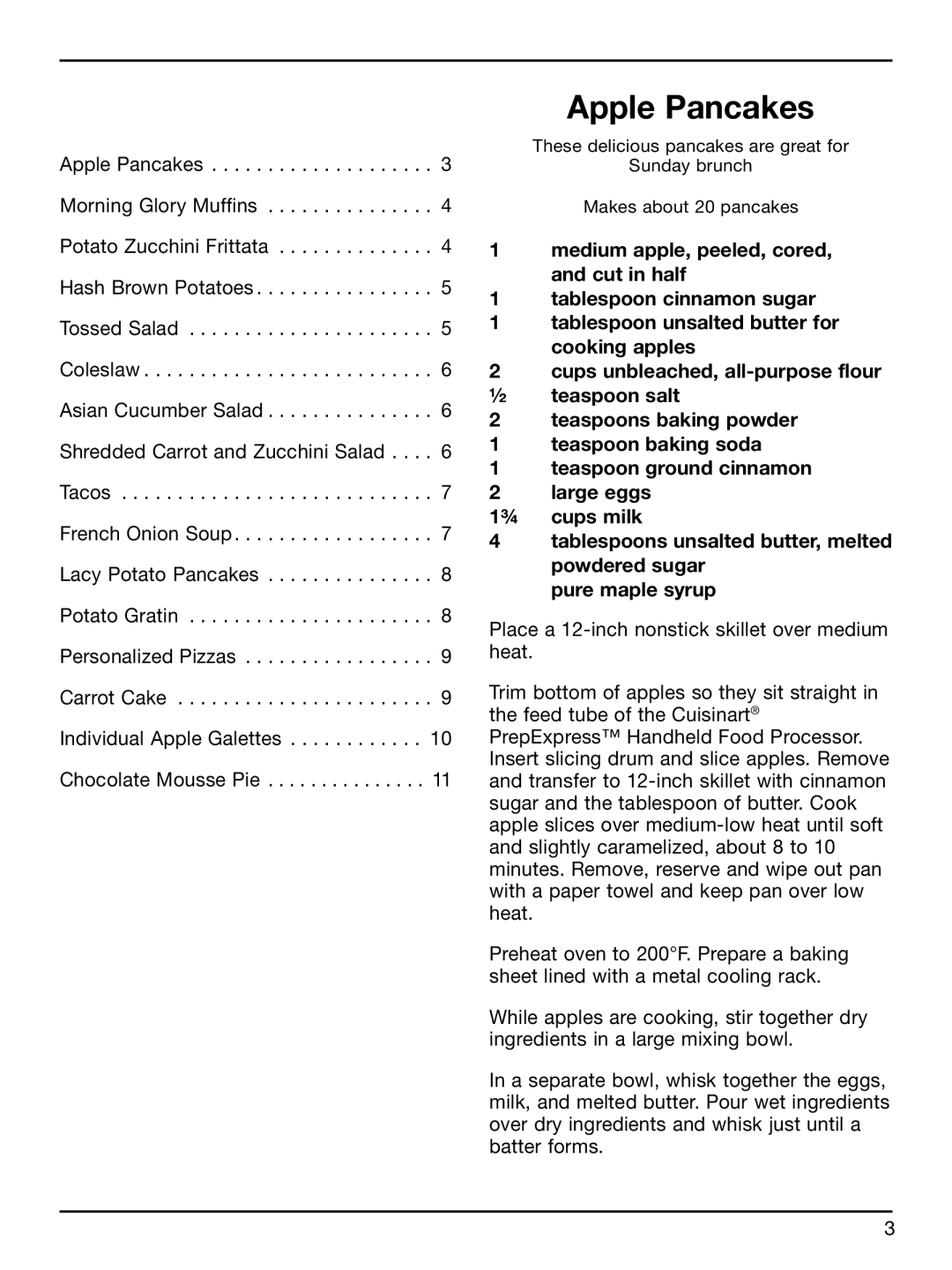 Cuisinart HFP-300 manual Recipes, Apple Pancakes 