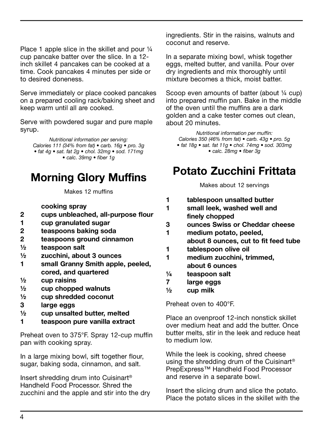 Cuisinart HFP-300 manual Morning Glory Muffins, Potato Zucchini Frittata 