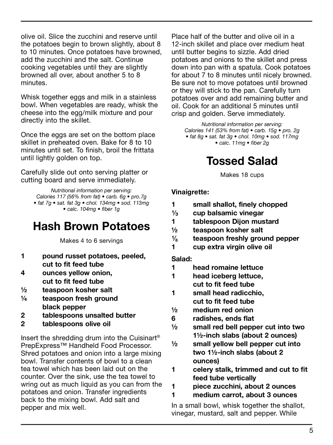 Cuisinart HFP-300 manual Hash Brown Potatoes, Tossed Salad 