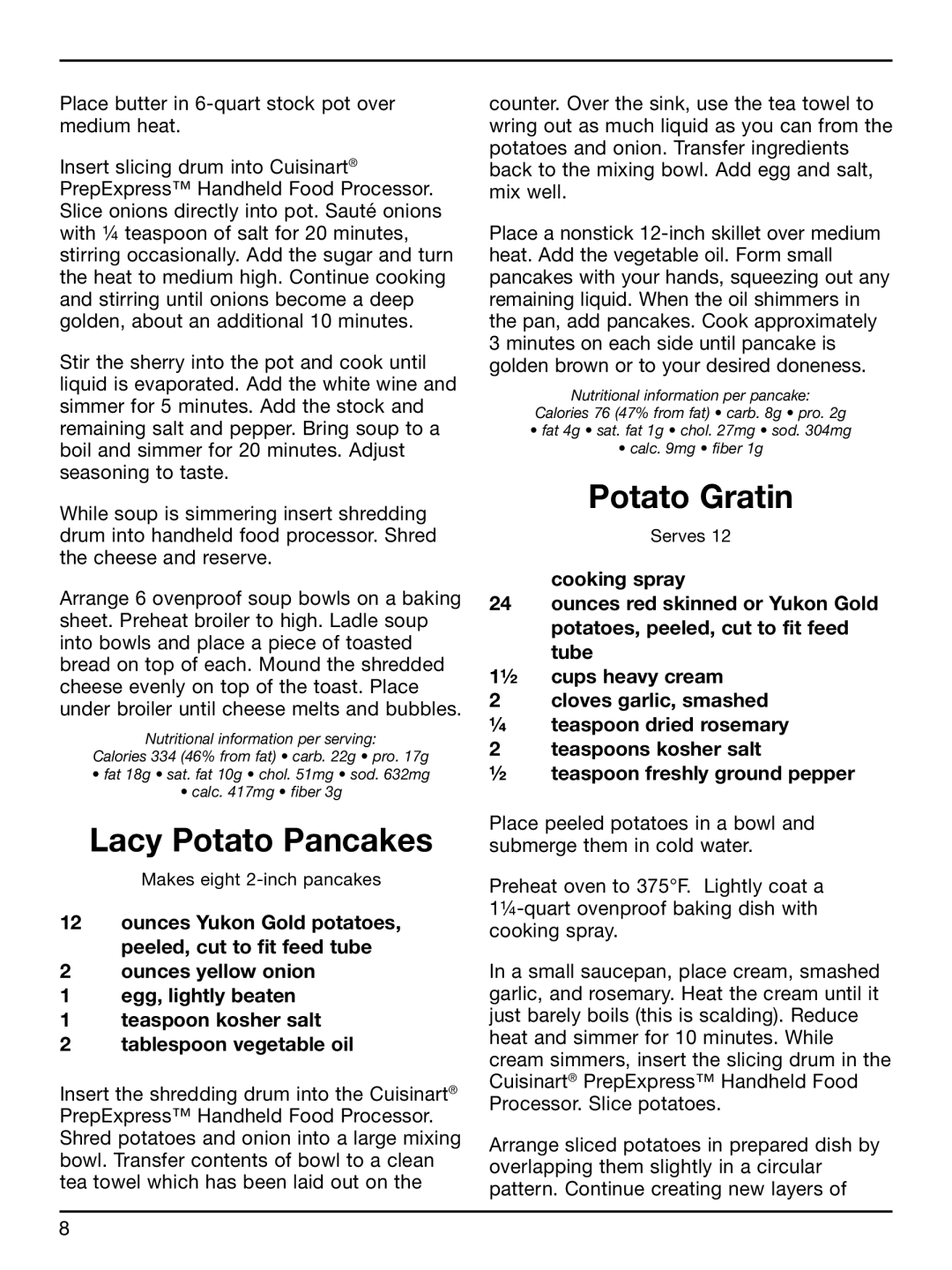 Cuisinart HFP-300 manual Lacy Potato Pancakes, Potato Gratin 