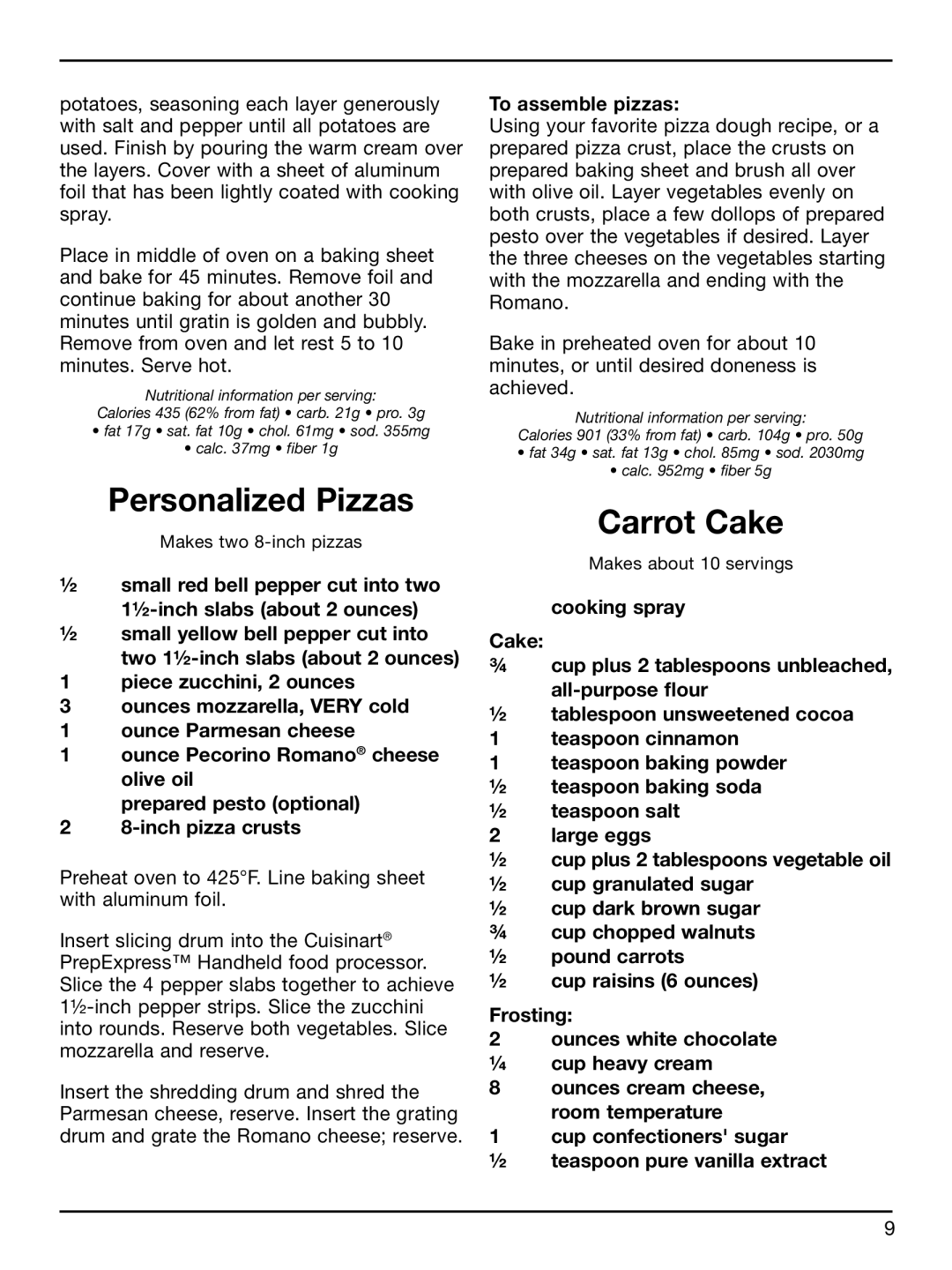 Cuisinart HFP-300 manual Personalized Pizzas, Carrot Cake 