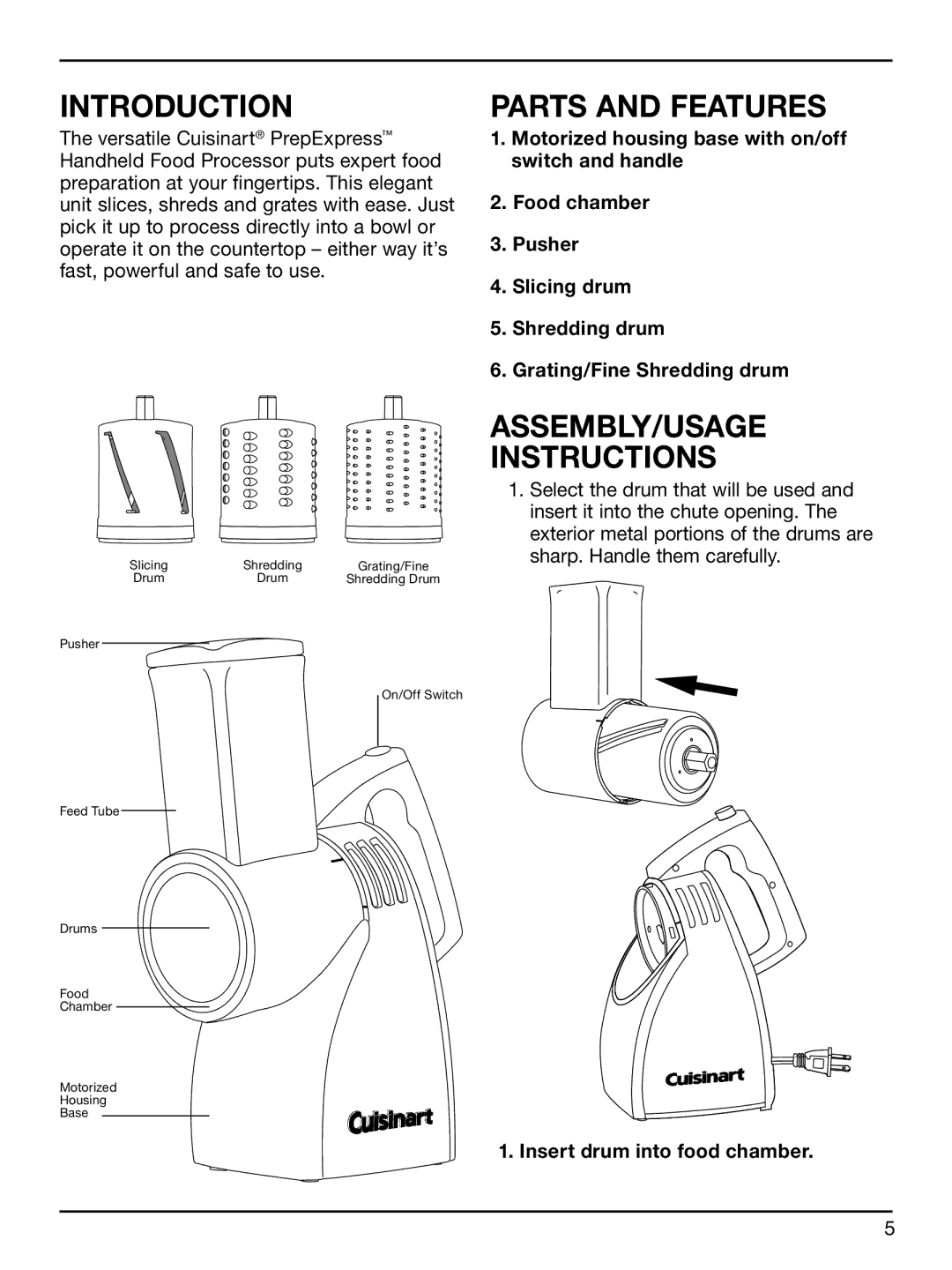 Cuisinart HFP-300 manual Introduction, Parts and Features, ASSEMBLY/USAGE Instructions 