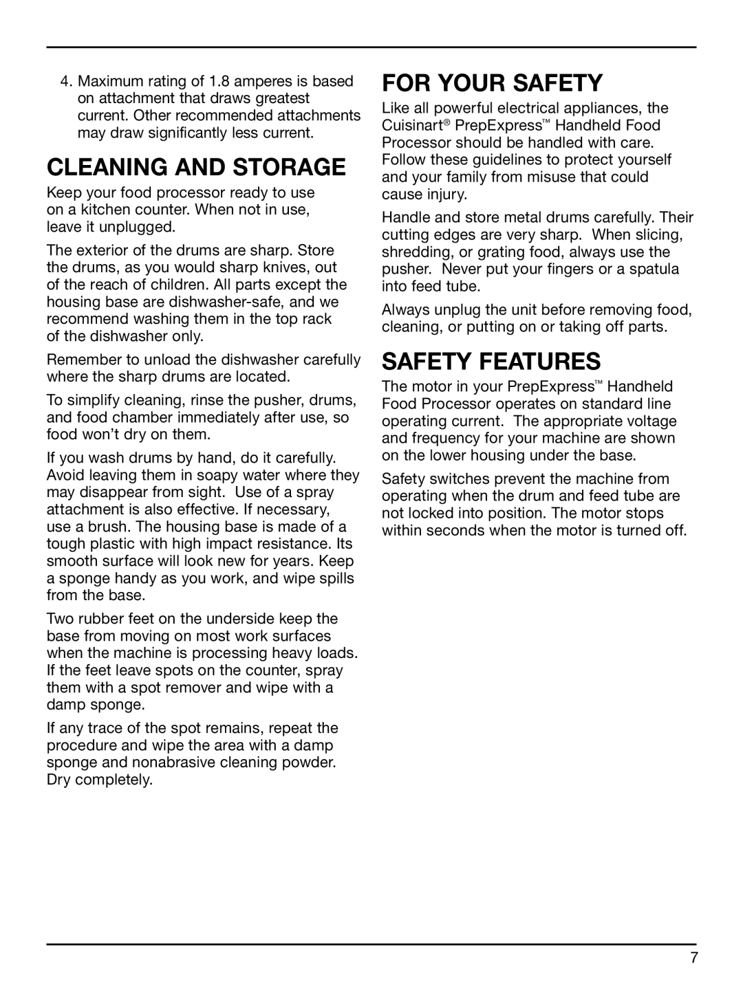 Cuisinart HFP-300 manual Cleaning and Storage, For Your Safety, Safety Features 