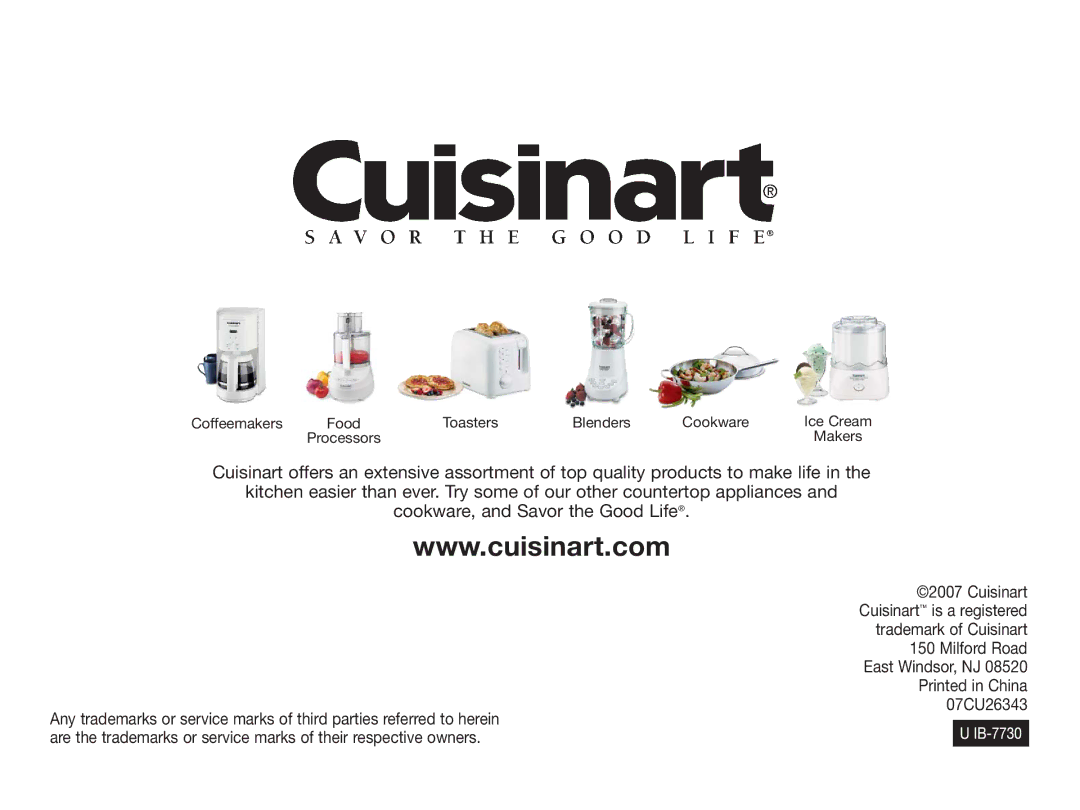 Cuisinart HM-50DY, HM-50DR, HM-50DG, HM-50BK manual 07CU26343 