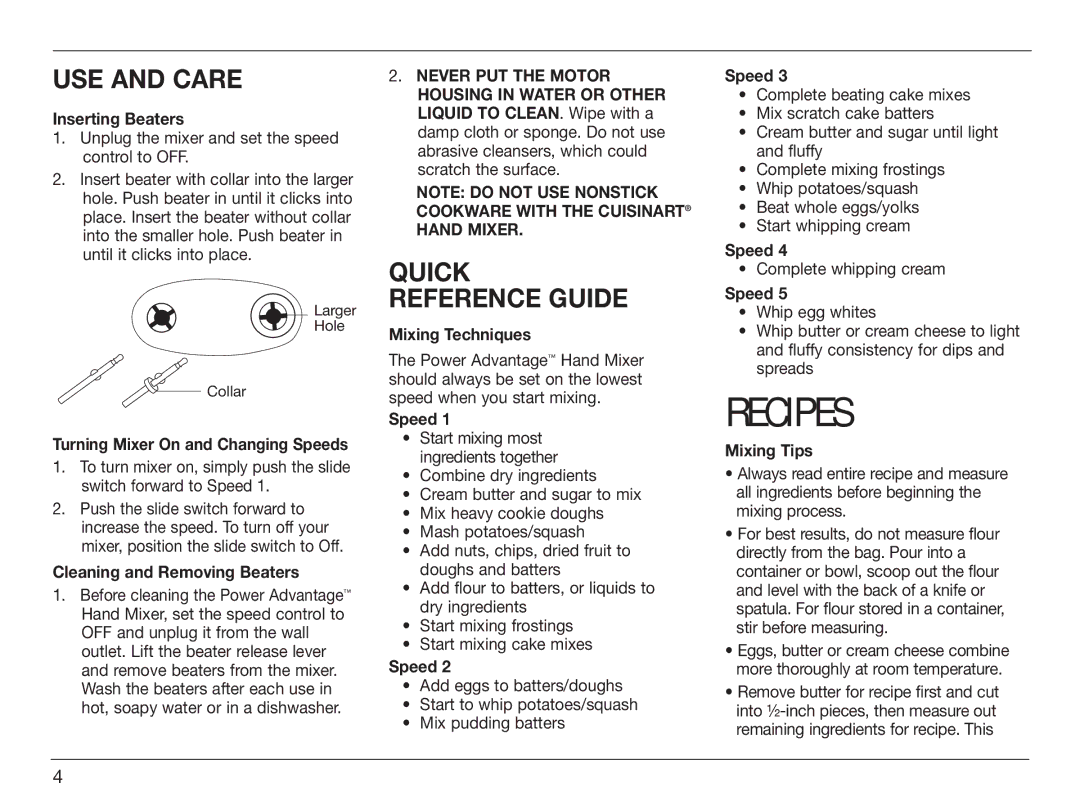 Cuisinart HM-50BK, HM-50DR, HM-50DY, HM-50DG manual USE and Care 