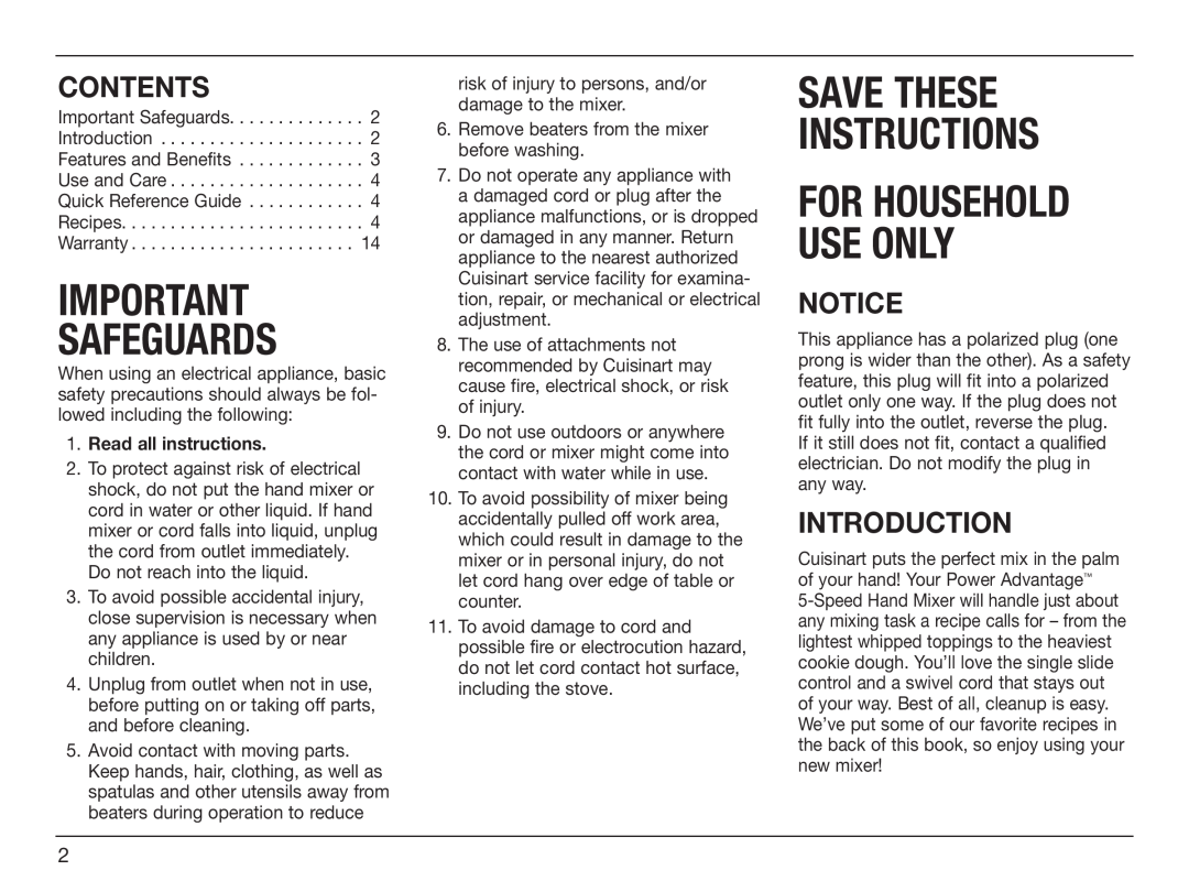 Cuisinart HM-50DG, HM-50DR, HM-50DY Safeguards, Save These Instructions, Contents, Introduction, For Household Use Only 