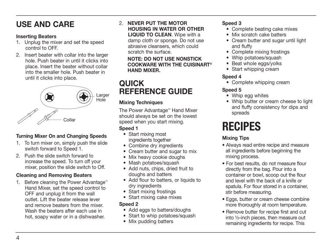 Cuisinart HM-50BK, HM-50DR Recipes, Use And Care, Quick Reference Guide, Unplug the mixer and set the speed control to OFF 