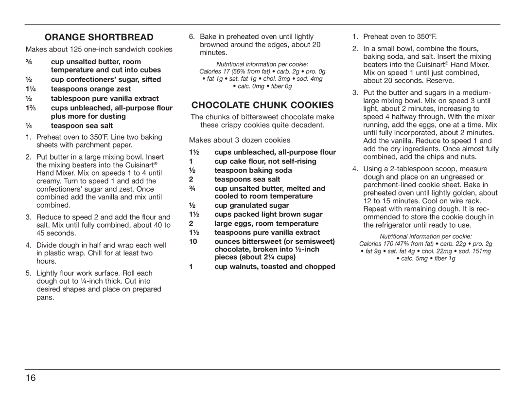 Cuisinart HM-90S manual Orange Shortbread, Chocolate Chunk Cookies 