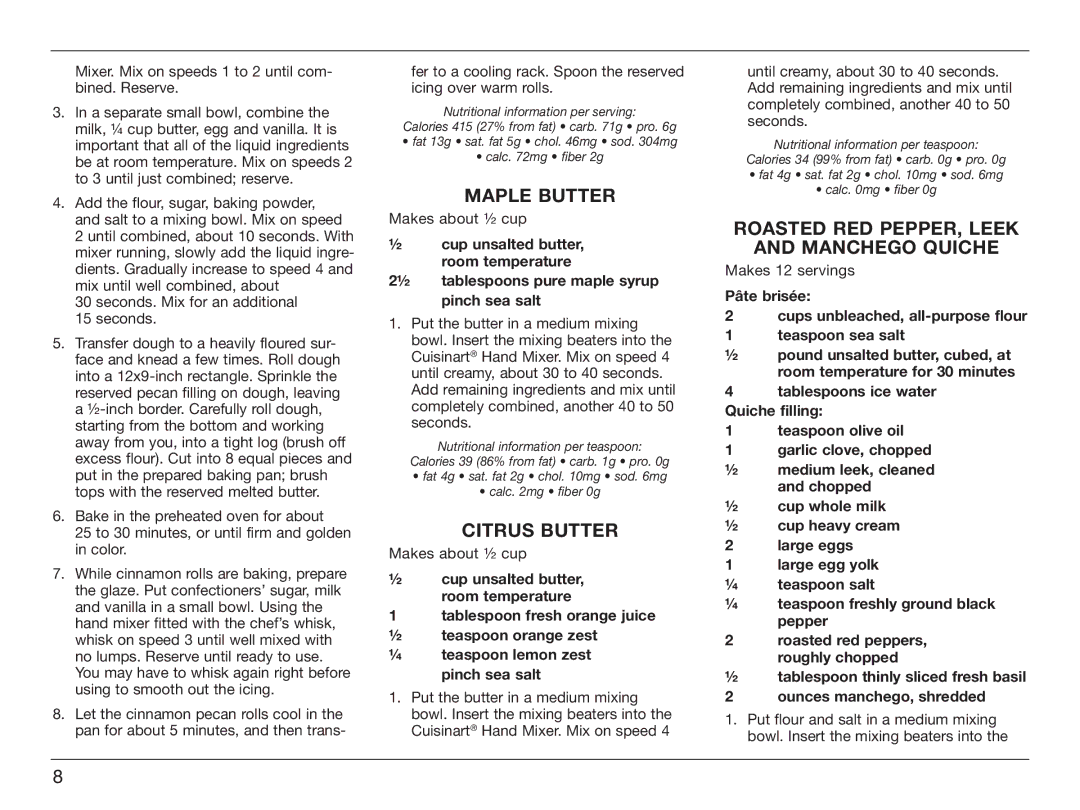Cuisinart HM-90S manual Maple Butter, Citrus Butter, Roasted RED PEPPER, Leek Manchego Quiche 