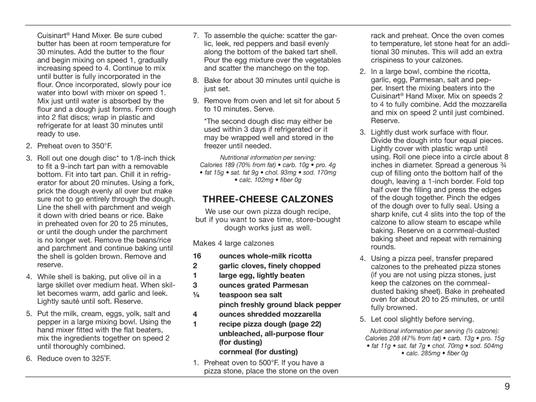 Cuisinart HM-90S manual THREE-CHEESE Calzones 