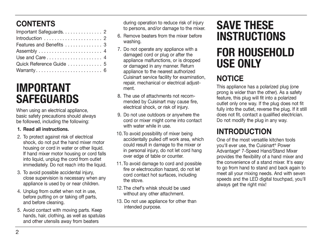 Cuisinart HSM-70 manual Contents, Introduction 