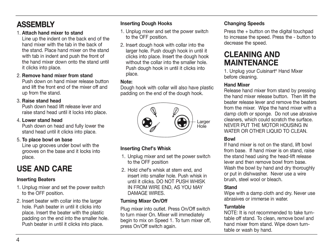 Cuisinart HSM-70 manual Assembly, USE and Care, Cleaning and maintenance 