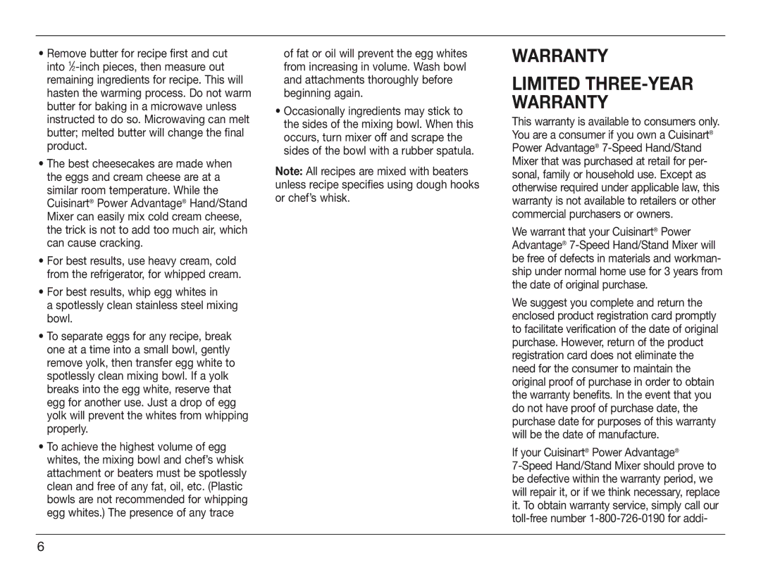 Cuisinart HSM-70 manual Warranty, Limited three-year warranty, If your Cuisinart Power Advantage 