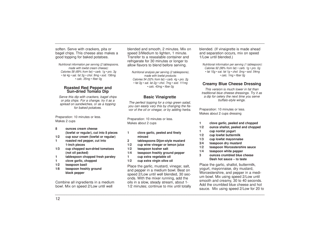 Cuisinart HTM-3 HTM-5 manual Roasted Red Pepper Sun-dried Tomato Dip, Basic Vinaigrette, Creamy Blue Cheese Dressing 