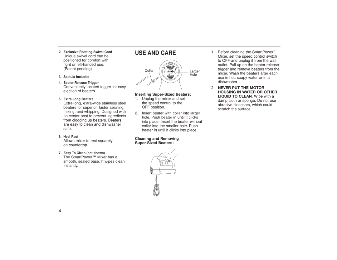 Cuisinart HTM-3 HTM-5 manual USE and Care, Collar, Hole 