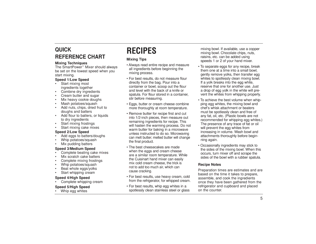 Cuisinart HTM-3 HTM-5 manual Quick Reference Chart, Speed 1/Low Speed 