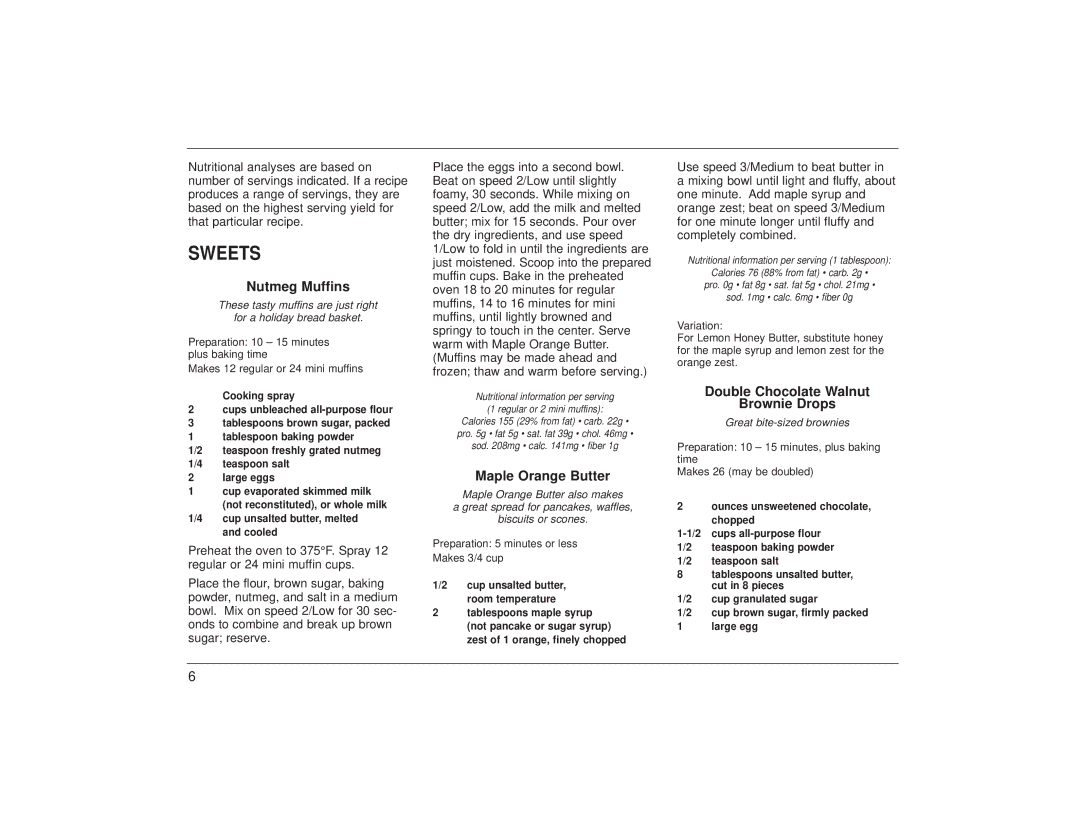 Cuisinart HTM-3 HTM-5 manual Sweets, Nutmeg Muffins, Maple Orange Butter, Double Chocolate Walnut Brownie Drops 