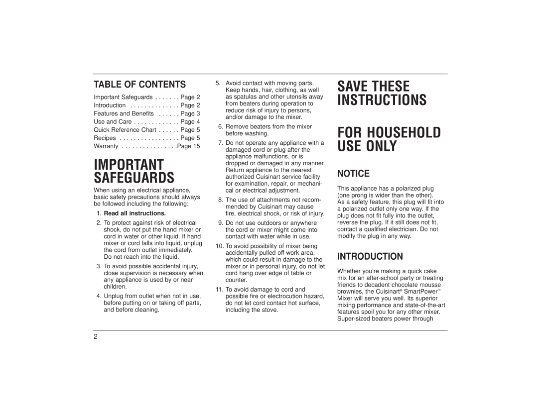 Cuisinart HTM-3 HTM-5 manual Safeguards, Table Of Contents, Introduction, Save These Instructions For Household Use Only 